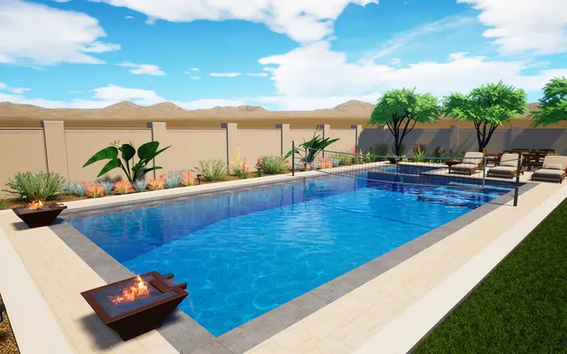 Daytime render of the same pool with a fire bowl, sun loungers and palms
