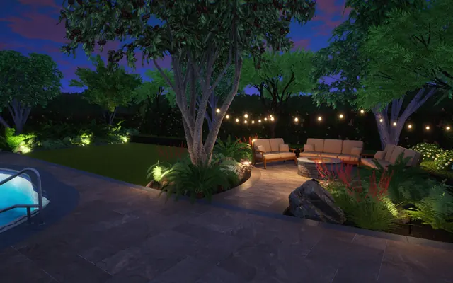 Night render of a stone patio with string lights, uplit trees and a pool edge