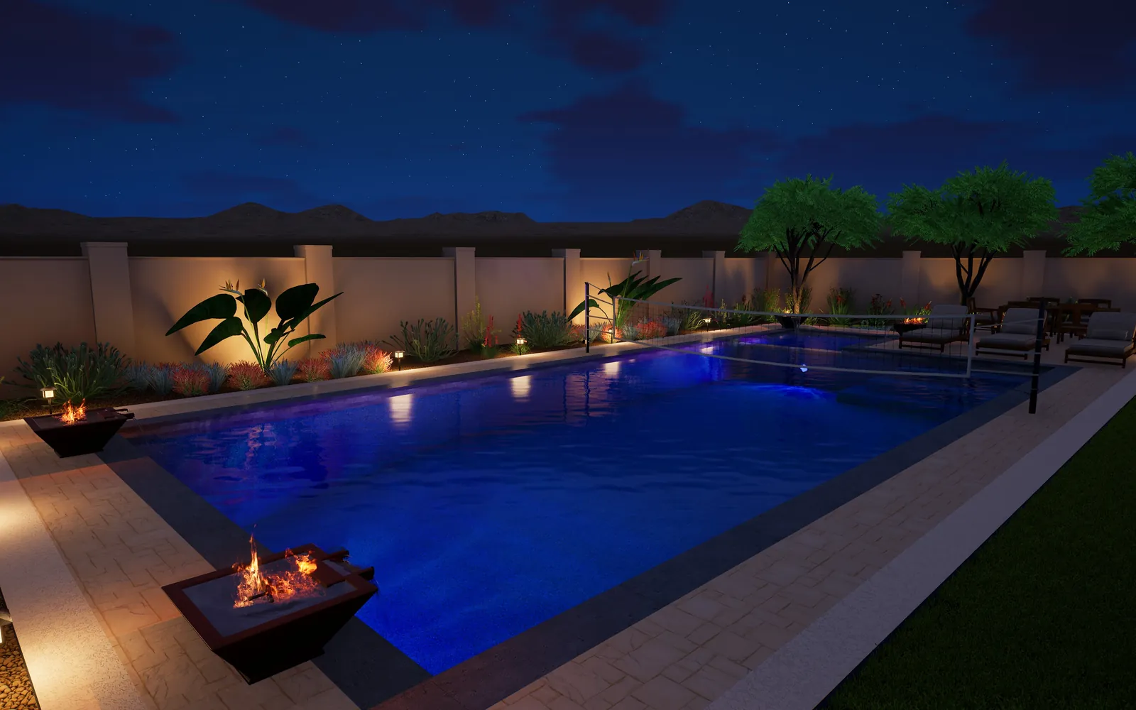 Exterior 3D render at dusk: a lit rectangular pool with a fire bowl on the deck, palms and a lounge terrace along the back wall