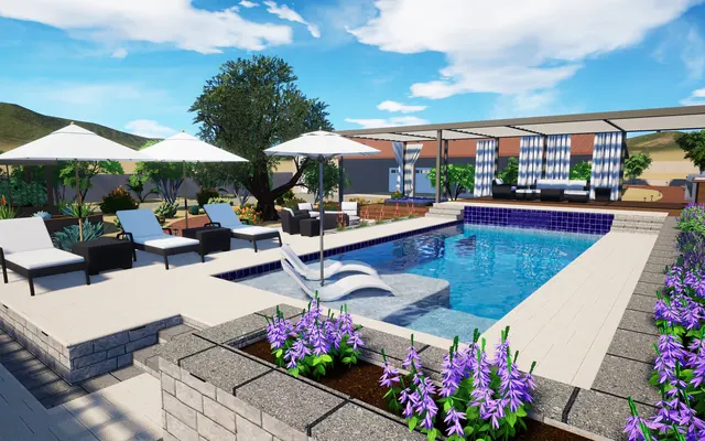 Render of a pool terrace with umbrellas, loungers, a raised stone planter and flowering plants